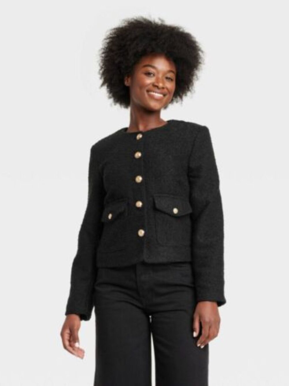 Universal Thread Black Bouclé Gold Metal Lady Button-Front Jacket Size S
